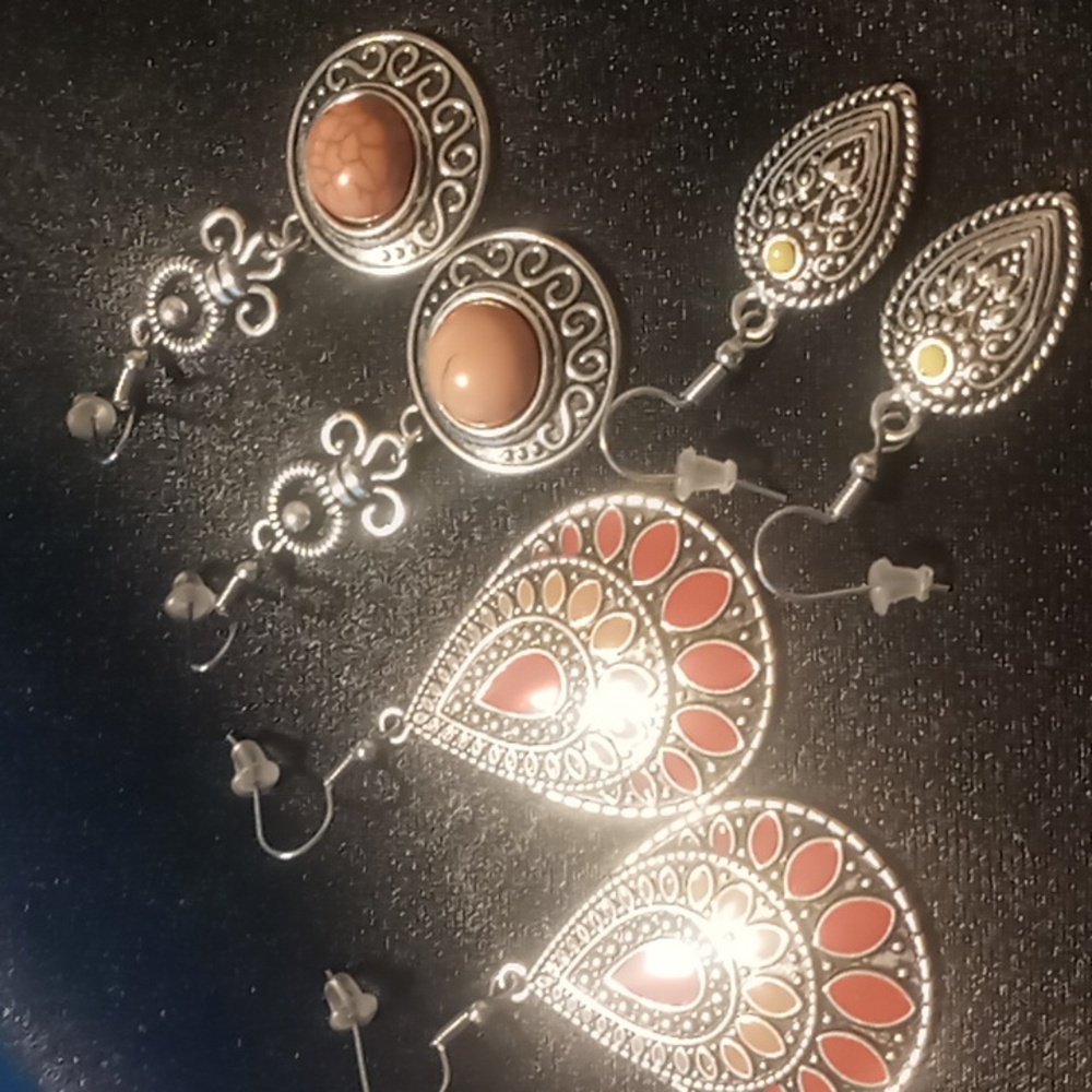 Dangle drop earrings 3 pair silver tone coral colors faux stone.